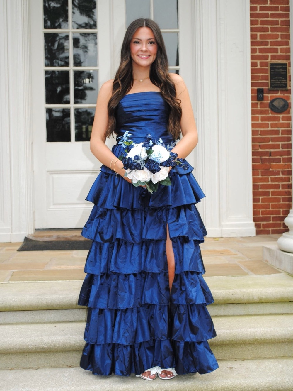 Navy Strapless Tiered Ruffle Evening Gown